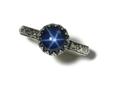 8mm Lab Created Blue Star Sapphire 925 Antique Sterling Silver Ring by Salish Sea Inspirations - image1